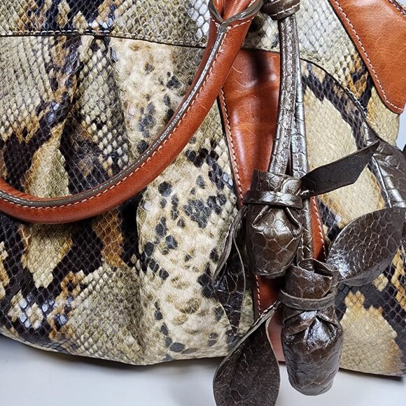 Brahmin Louise Rose Embossed Snakeskin Leather Satchel Handbag Brown Trim Strap - Picture 3 of 16